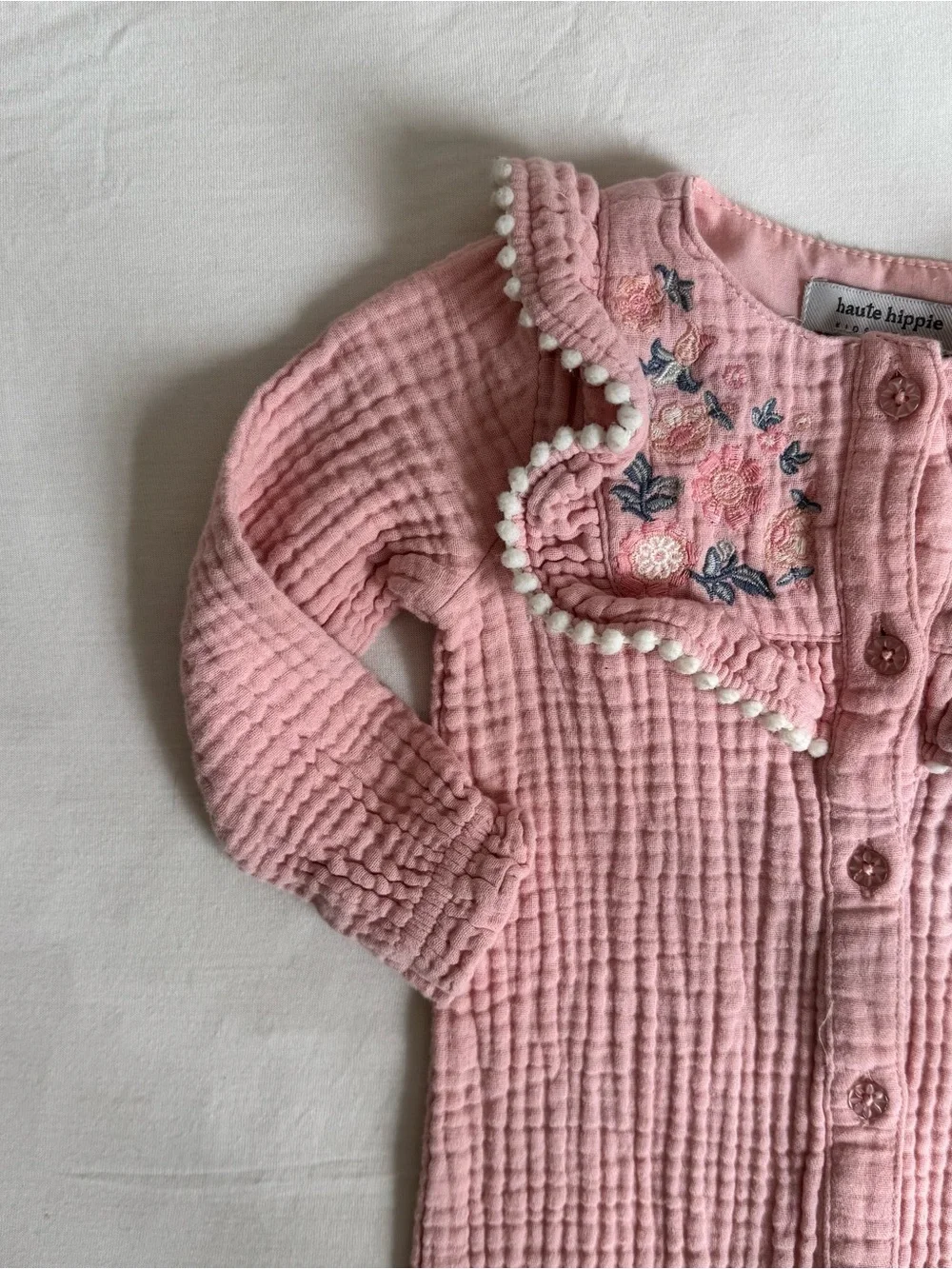 Haute Hippie Pink Embroidered Ruffle Romper Footie Size 6-9mo